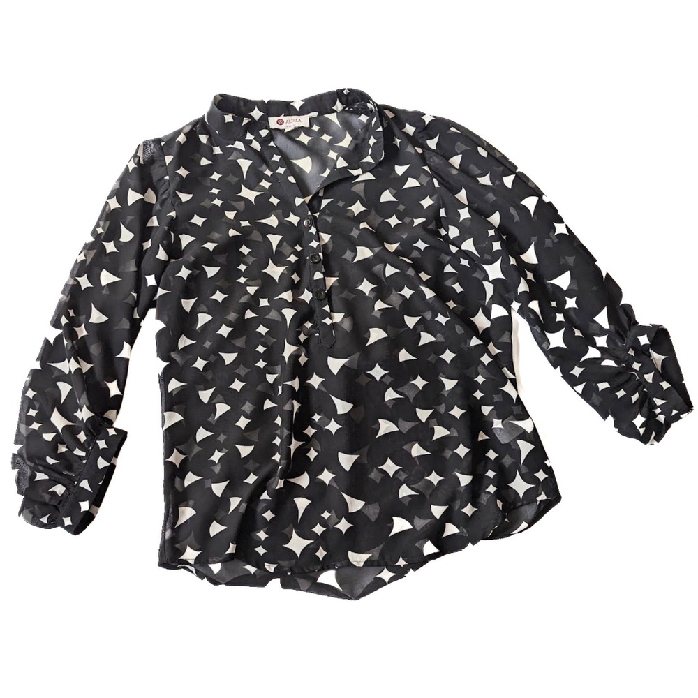Aldila semi sheer button up collarless blouse. Size small